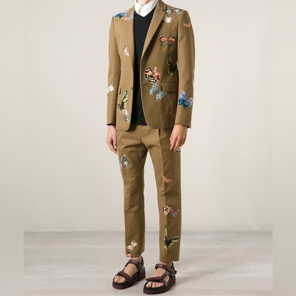 Men's Green Embroidered Butterfly Suit